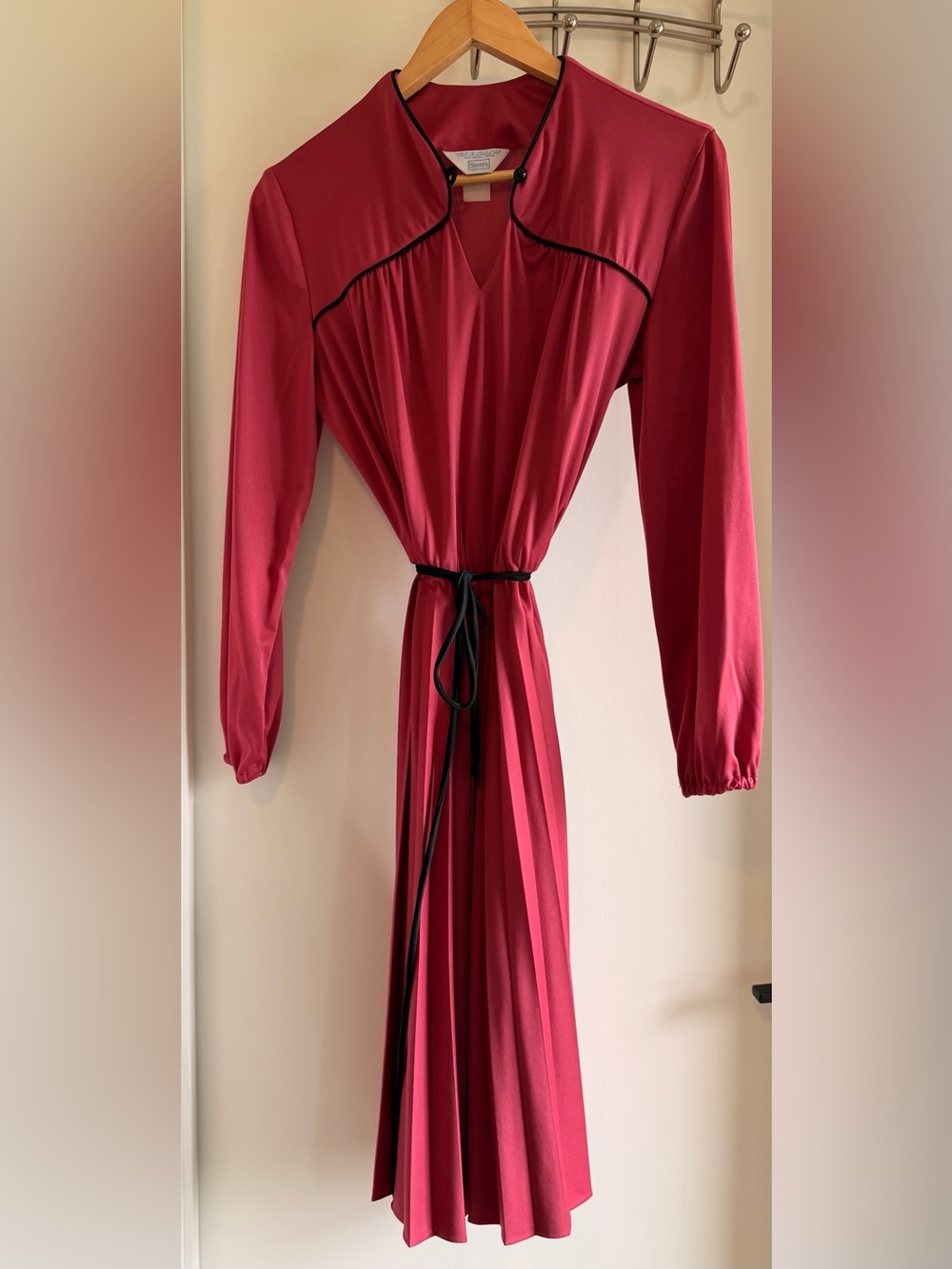 Vintage Sears Long Sleeve Crimson Dress with Black Trim